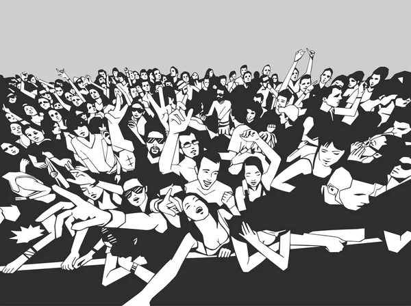 Ilustração da multidão alegre de pessoas que se divertem em um concerto —  Vetores de Stock