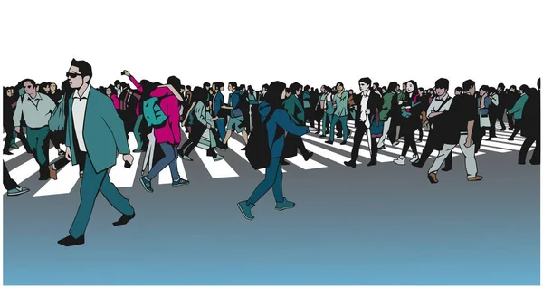 Illustration d'une grande foule ethnique mixte traversant le zèbre — Image vectorielle