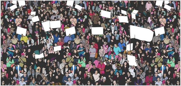 Illustrazione della folla che manifesta per i diritti umani da un'angolazione elevata — Vettoriale Stock