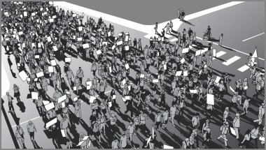 Gri Ölçek görünümünde yüksek açı yürüyen kalabalıktan çizimi