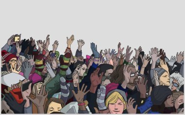 Illustration of protesting crowd with raised hands in color clipart