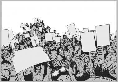 Illustration of crowd protest with blank signs in grey scale clipart