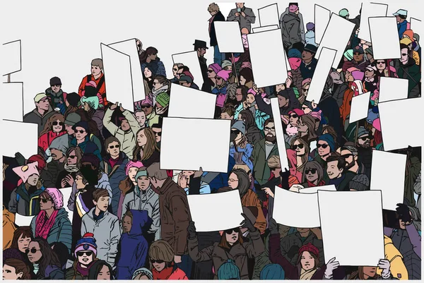 Ilustración de protesta de multitud con carteles en blanco en color — Vector de stock