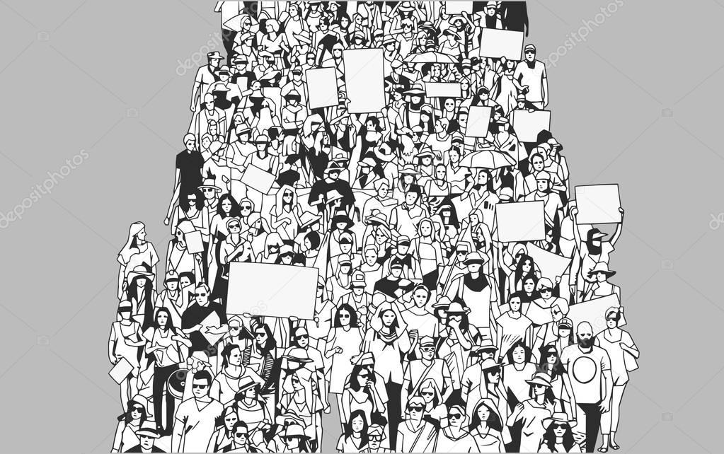 Illustration of crowd marching and demonstrating with blank signs and banners from high angle view