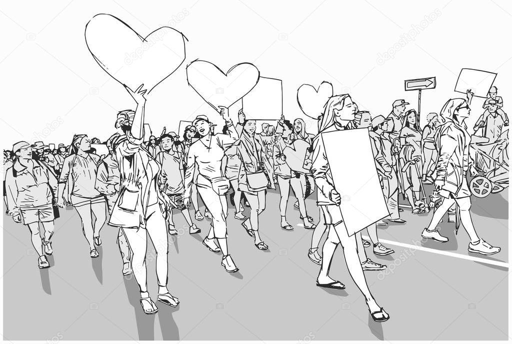 Illustration of marching crowd demonstrating for human rights with blank signs and banners 