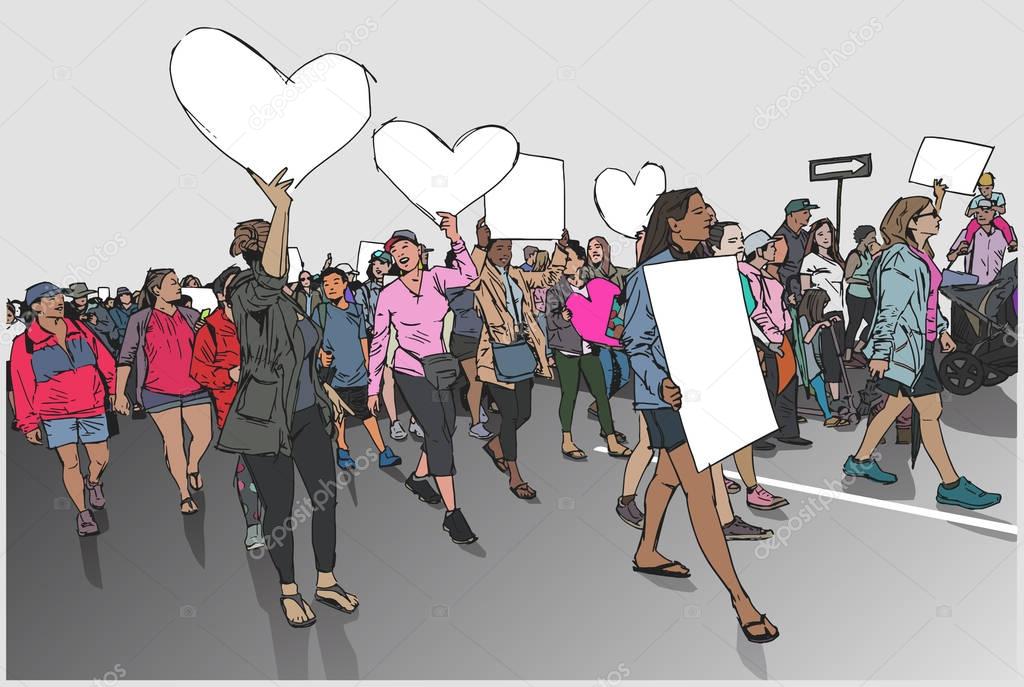 Illustration of marching crowd demonstrating for human rights with blank signs and banners 