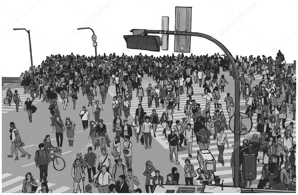 Illustration of crowded city street crossing from high angle view