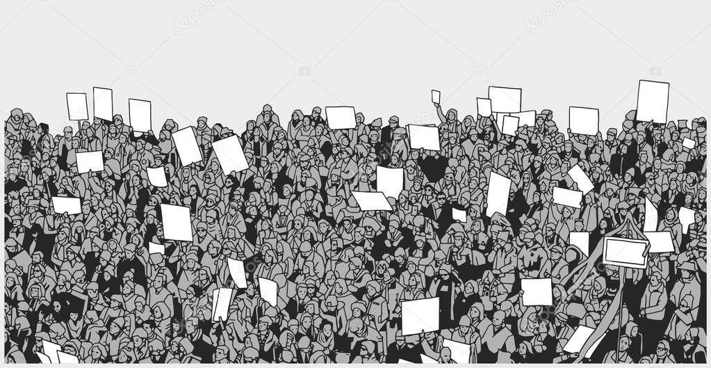 Illustration of massive crowd protest with blank sign