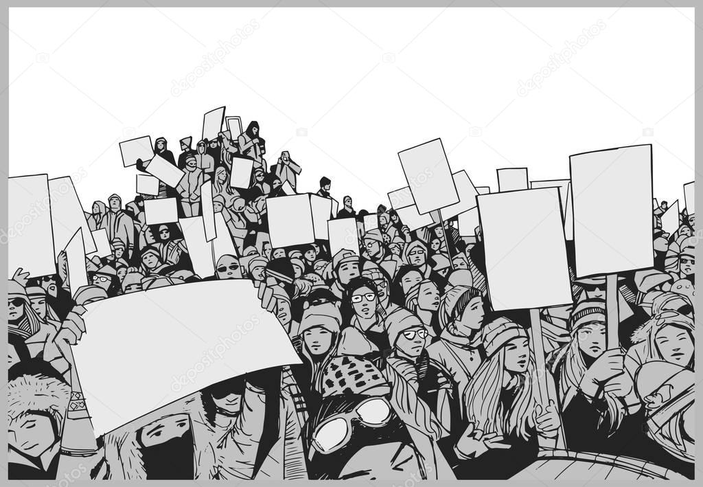 Illustration of crowd protest with blank signs in grey scale