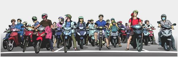 Εικόνα με λεπτομέρεια από πολυσύχναστο δρόμο Ασίας με μοτοσικλέτες και μοτοποδήλατα στο στοπ — Διανυσματικό Αρχείο