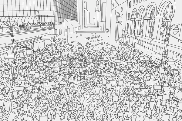 Ábra a tömegből tiltakozás a városi utca, a magas, szög, kilátás — Stock Vector