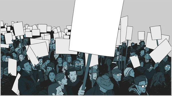 Ilustración de la multitud protestando en la noche con carteles en blanco — Vector de stock