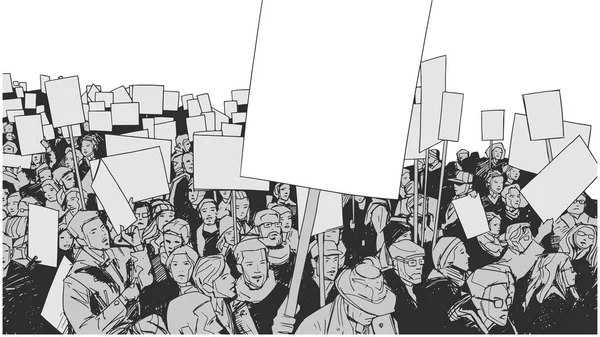 Ilustração da multidão protestante durante a noite com sinais em branco —  Vetores de Stock