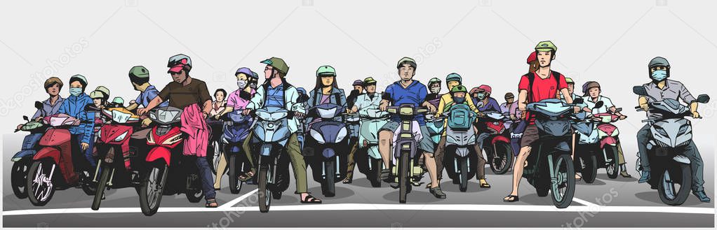 Illustration with detail of busy asian street with motorbikes and mopeds at stop sign 