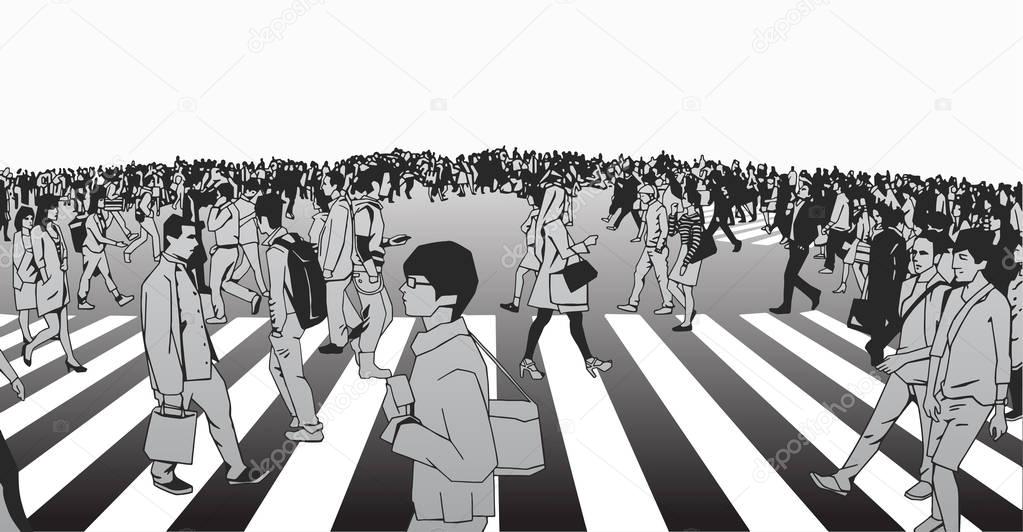 Illustration of mixed ethnic crowd crossing street from side view perpsective