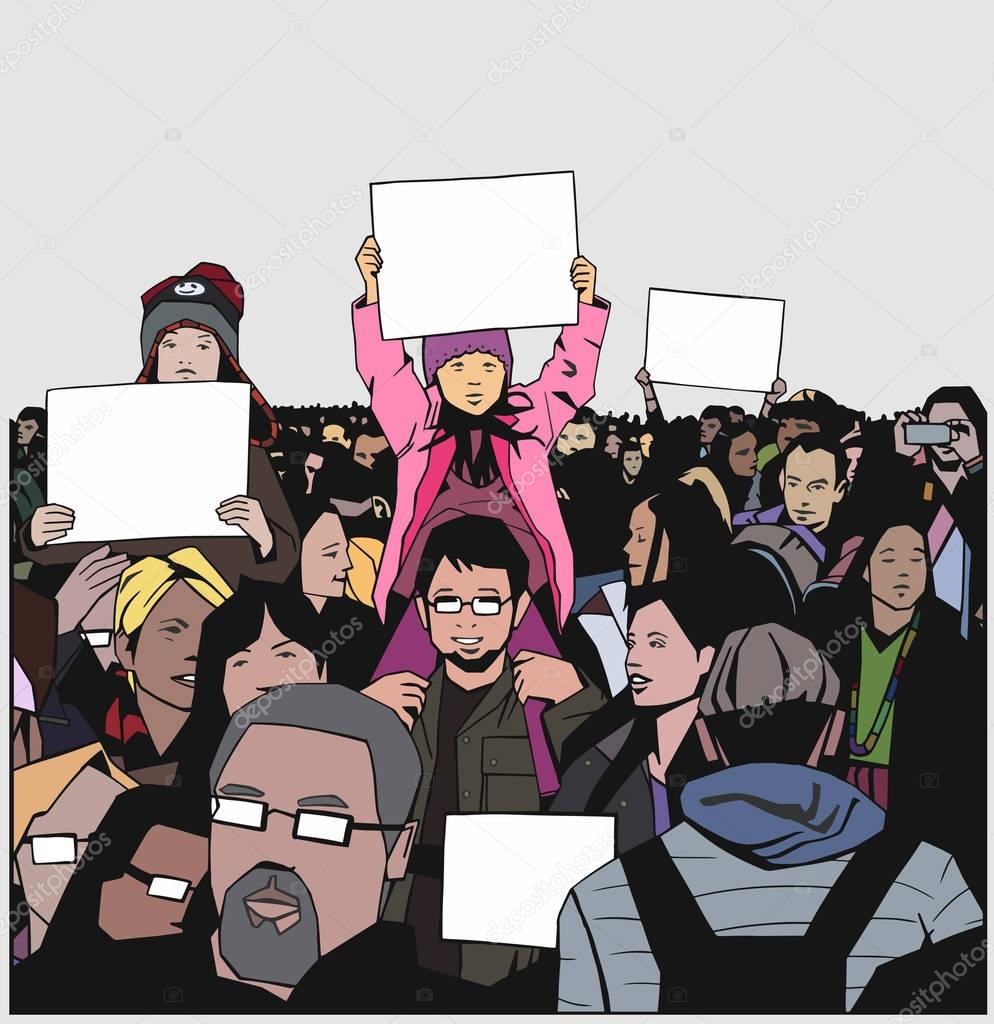 Illustration of peaceful demonstration with children and elderly