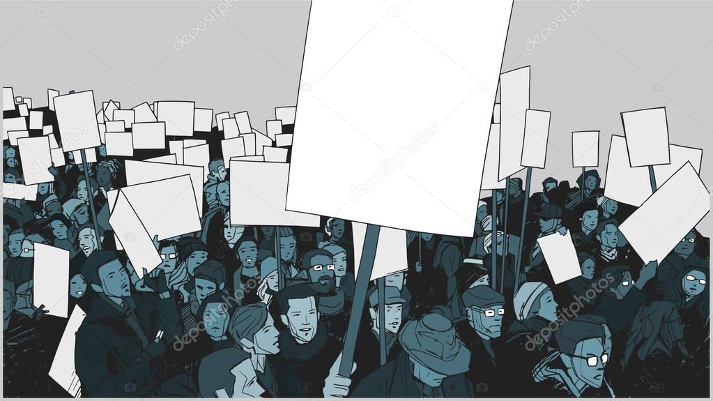 Illustration of protesting crowd in night time with blank signs