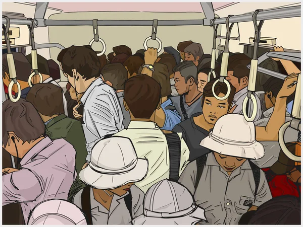 色で混雑している通勤電車のイラスト — ストックベクタ