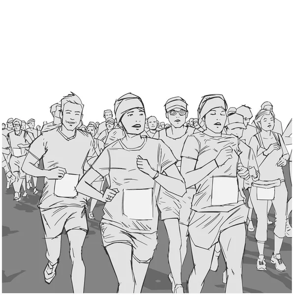 Hand drawn illustration of cheerful crowd running marathon with blank signs — Stock Vector
