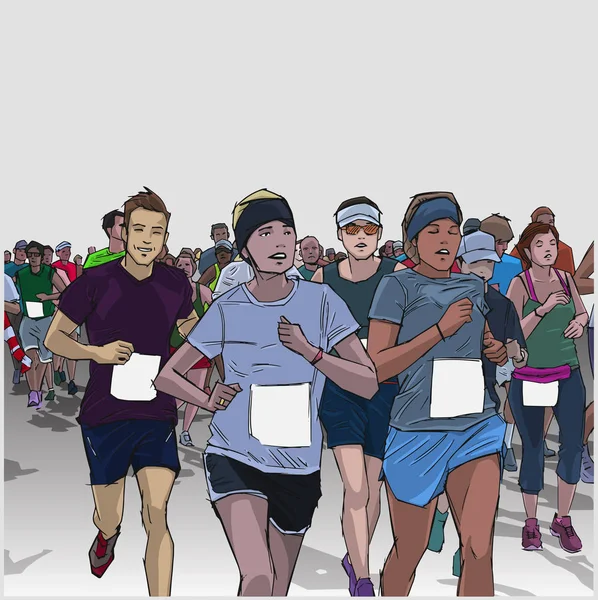 Hand getekend illustratie van vrolijke menigte marathon lopen met lege borden — Stockvector