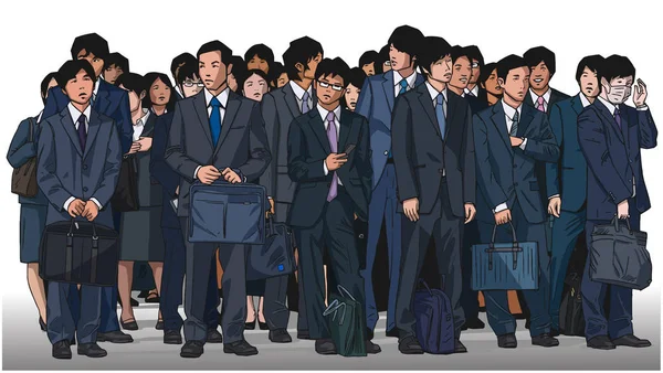 Ilustración de multitud de trabajadores de oficina asiáticos en color — Vector de stock