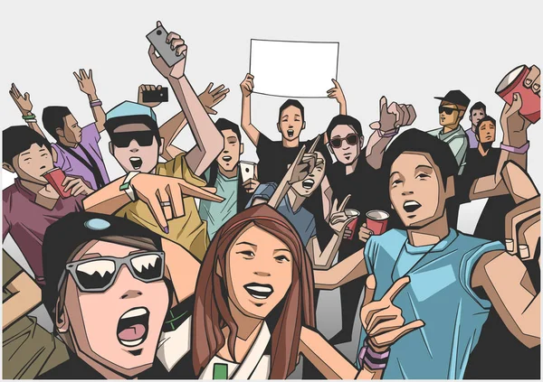 Illustration of festival crowd having fun at concert — Stock Vector