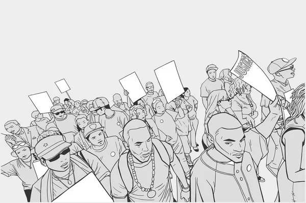 Ilustración de multitudes que protestan contra la brutalidad policial, con carteles en blanco . — Vector de stock
