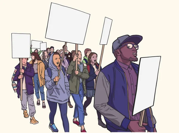 Ilustrace studentů protestovat za lidská práva v barvě s prázdné znaky — Stockový vektor