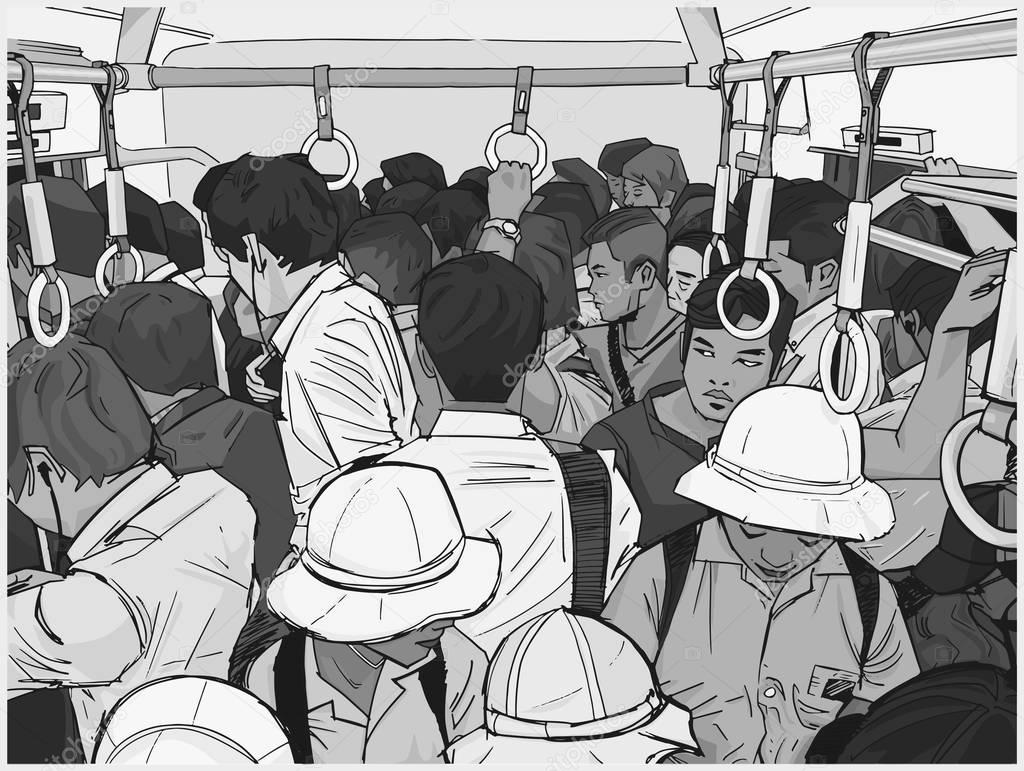 Illustration of crowded commuter train in grey scale