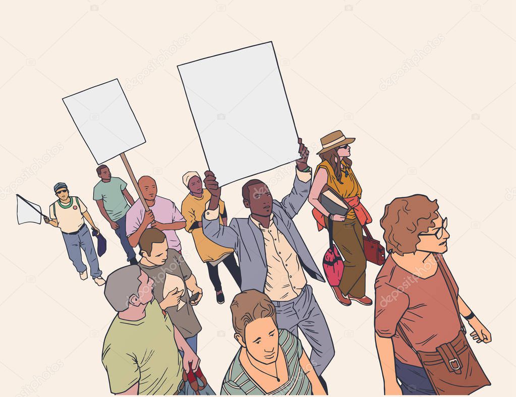 Illustration of crowd protesting against police brutality, with blank signs.