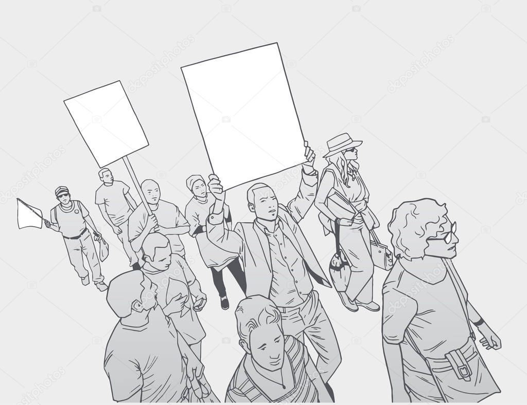 Illustration of crowd protesting against police brutality, with blank signs.