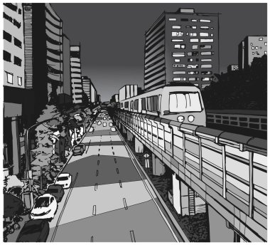 Cross'taki metro hattı ile kentsel yerleşim bölgesinde cadde görünümü çizimi