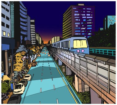 Street view illustration of urban residential area with overground metro line clipart