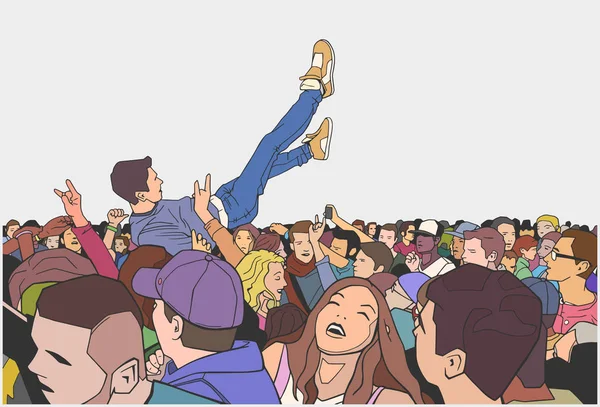 Ilustração da multidão do festival se divertindo em concerto com a multidão surfando — Vetor de Stock