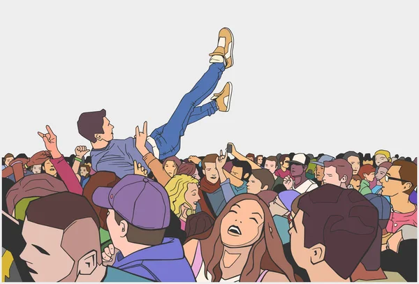 Ilustración de la multitud del festival divirtiéndose en concierto con multitud surfeando — Archivo Imágenes Vectoriales