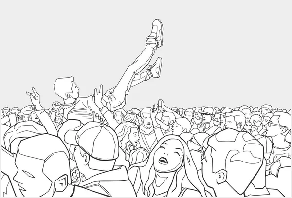 Ilustração da multidão do festival se divertindo em concerto com a multidão surfando —  Vetores de Stock