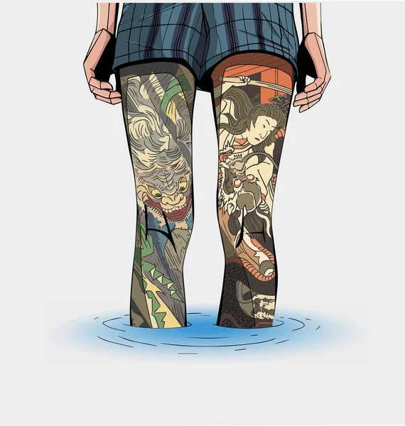 Illustration of girl standing in water with japanese tattoo — Stock Vector