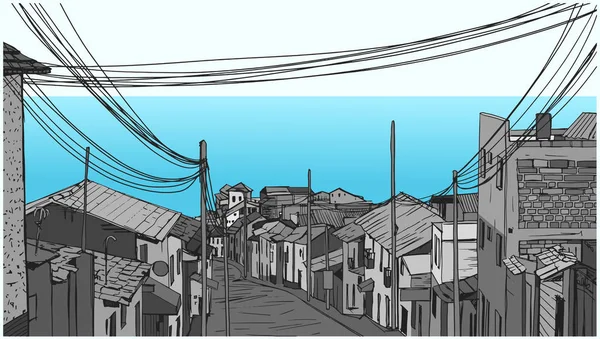 Illustrazione di pacifico villaggio di pescatori in riva al mare — Vettoriale Stock