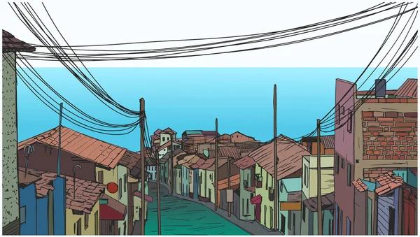 Illustration eines friedlichen Fischerdorfes am Meer — Stockvektor