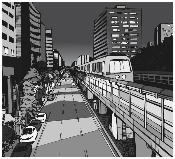 Ilustração de vista de rua da área residencial urbana com linha de metro subterrânea —  Vetores de Stock