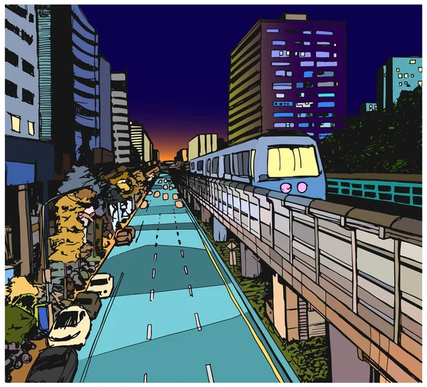 Иллюстрация с видом на улицу городской жилой зоны с надземной метролинией — стоковый вектор