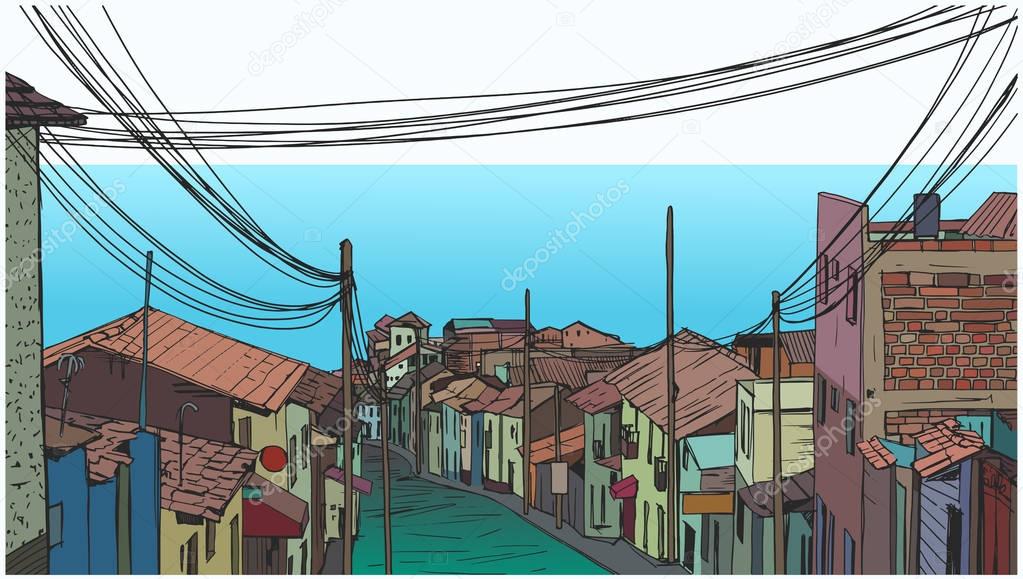 Illustration of peaceful fishing village by the seaside