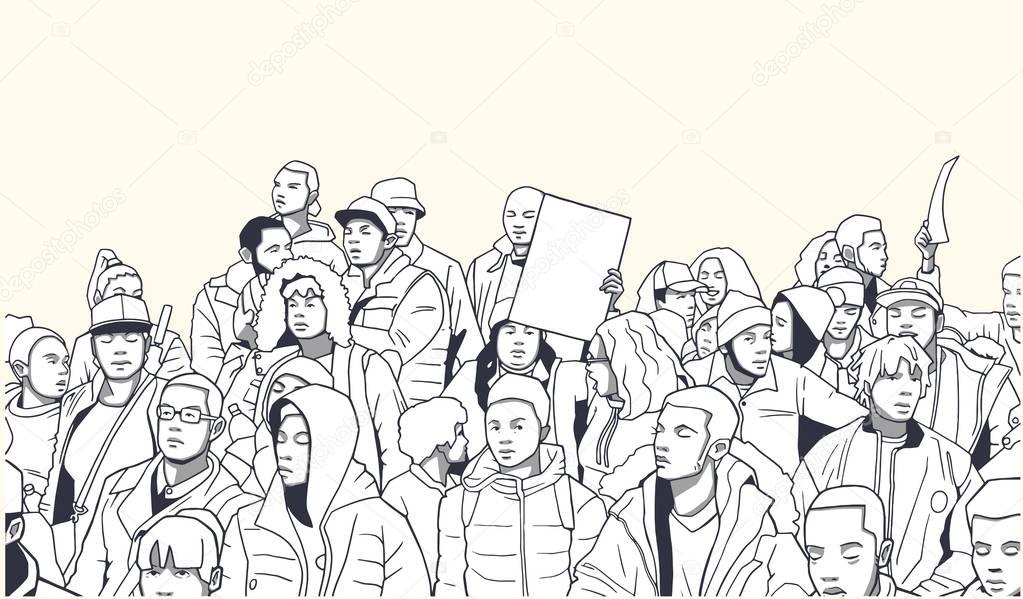 Illustration of mixed ethnic crowd demonstrating for human rights