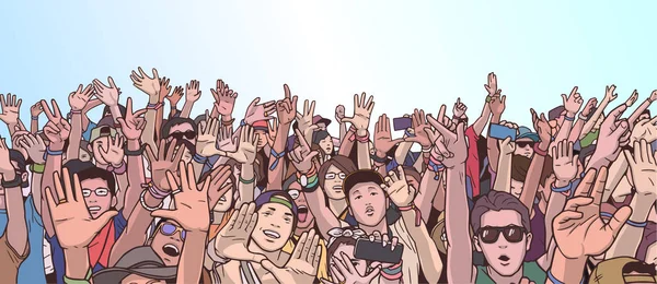 Ilustrasi berpesta kerumunan dengan tangan terangkat - Stok Vektor