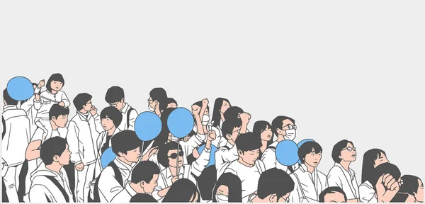 Ілюстрація мирного азіатського натовпу протесту з дітьми і порожніми повітряними кулями — стоковий вектор