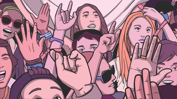 Illustratie van gemengde etnische menigte juichen met opgeheven handen op muziekfestival — Stockvector
