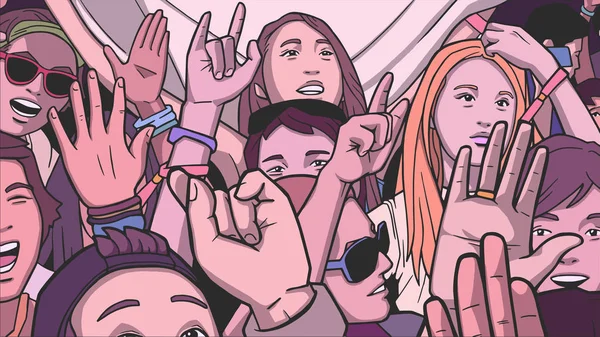 Ilustração da multidão étnica mista aplaudindo com as mãos levantadas no festival de música — Vetor de Stock