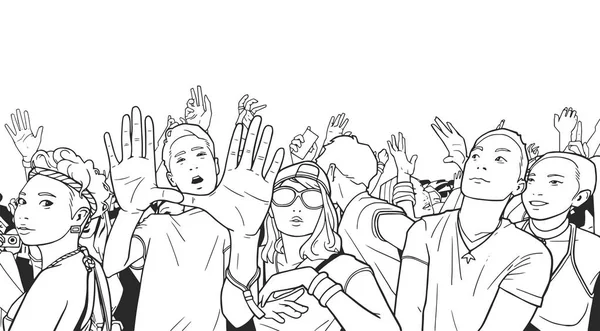 Illustration de la foule ethnique mixte acclamant avec les mains levées au festival de musique — Image vectorielle