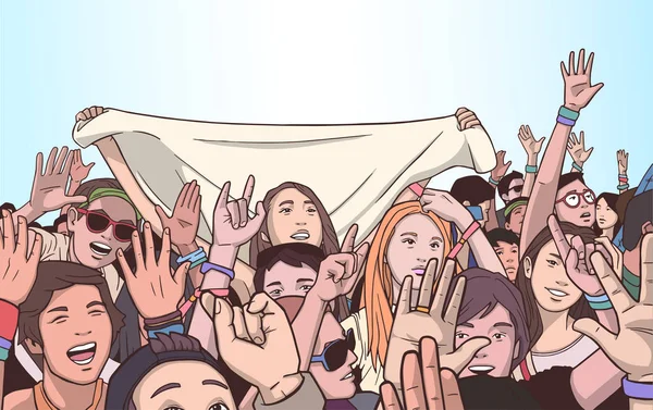 Illustration de la foule ethnique mixte acclamant avec les mains levées au festival de musique — Image vectorielle