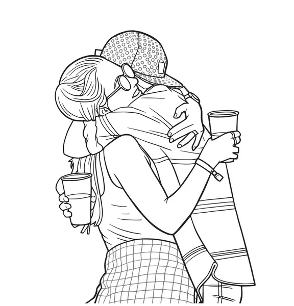 Ilustración aislada de parejas jóvenes abrazando y sosteniendo copas de plástico en el festival — Vector de stock